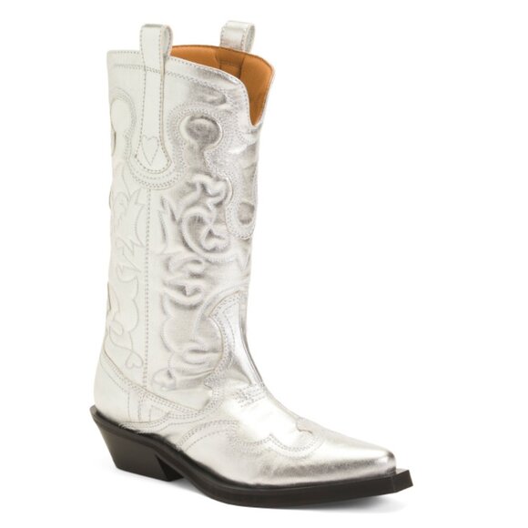 GANNI Silver Made In Portugal Mid Shaft Embroidered Western Boots